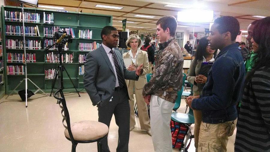 Left to Right: BCPS superintendent Dallas Dance confers with senior Max Roberts following a town hall meeting with high school students last month.