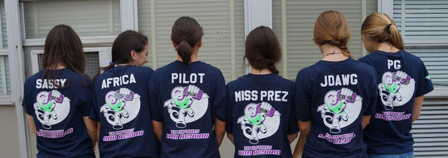 Seniors (left to right) Sarah Hampton. Harper Sigman, Casey Proefrock, Lucia Tarantino, Jordan Clark and Audrey Stenersen are given permission to wear their shirts after censoring the inappropriate content before Senior Breakfast on Oct 16. The shirts were initially deemed inappropriate for school at the Senior Barbecue.