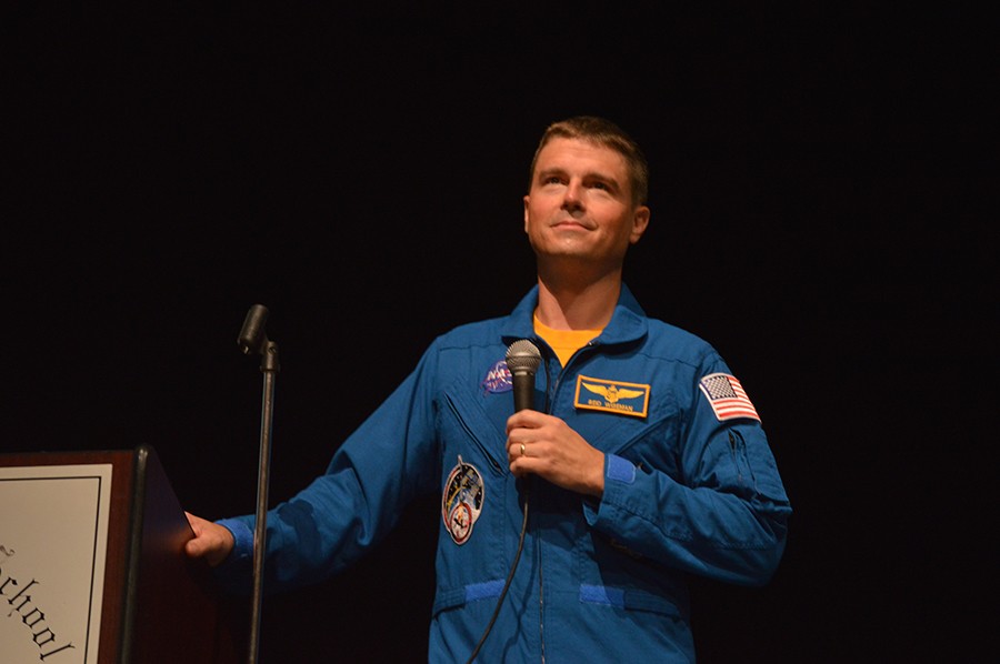 Commander  Reid Wiseman listens to a question during the Q&A session of his May 28 appearance in the auditorium. Students posed questions ranging from his favorite planet to the hardships experienced away from his family. 