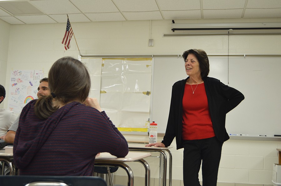 Social studies teacher Kathleen Skelton explains to her fourth period Advanced Placement US History class how the substitute teacher will operate for the next two weeks. Skelton, who was a substitute teacher for five years, strongly advised her students to be respectful to her stand-in. 