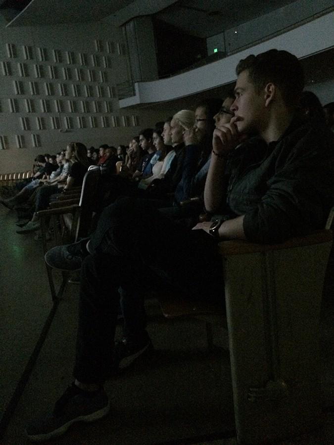 Students participate in the first half of the program March 23. Juniors and seniors were asked to watch Escalation, a short film depicting an abusive relationship mirroring that of Cockeysville resident Yeardley Love, who was killed by her ex-boyfriend, George Huguely, in 2010. 
