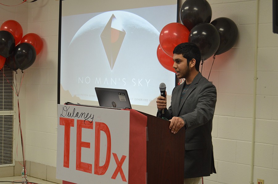 Senior Affan hussain explains the advantages of video games over books and movies during his TEDx talk March 4. Among the games he cited were the  role-playing game “The Elder Scrolls V: Skyrim” and exploration-focused “No Man’s Sky.”