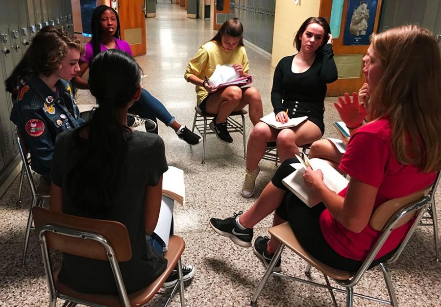 GT English 10 students Destiny Clinton, Sam Kornick, Claudie DeiTos, Julia Strauch, Erin Hill, Ratuja Rothe, Hailey Brennan, and Sanjana Raike discuss the haunting realities that author Elie Wiesel included in this novel. [The Nazis] work him to death, they said, and he looses faith in God in his first experience.