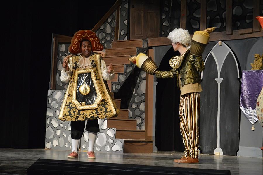 Kihara rehearses a scene with castmate junior Alex Stocksdale, who plays Lumiere. 