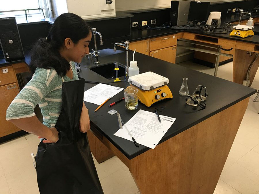 Sophomore Farehaa Hussain attempts to make soap in Edward Lyons’ Advanced Placement Chemistry class May 25. The students were tasked with creating the right chemical reaction in order to produce soap.