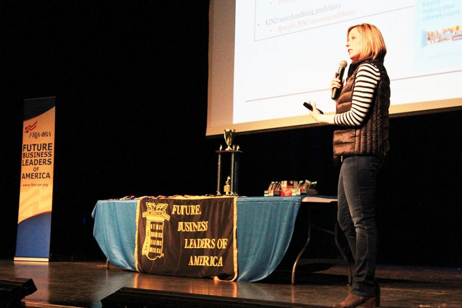 Joanne Bolonda, vice president of field sales at KIND snacks  speaks at the Future Business Leaders of America Regional Conference in the auditorium here Jan. 20. Bolanda explained how her firm uses consumer marketing to create new snacks their customers truly want.  