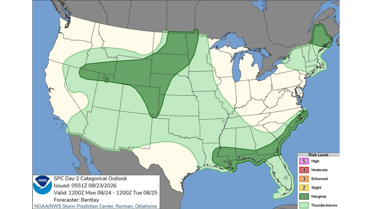 Northern Great Basin, Gulf Coast and Maine Join Marginal Risk Zone as Monday’s Severe Outlook Expands