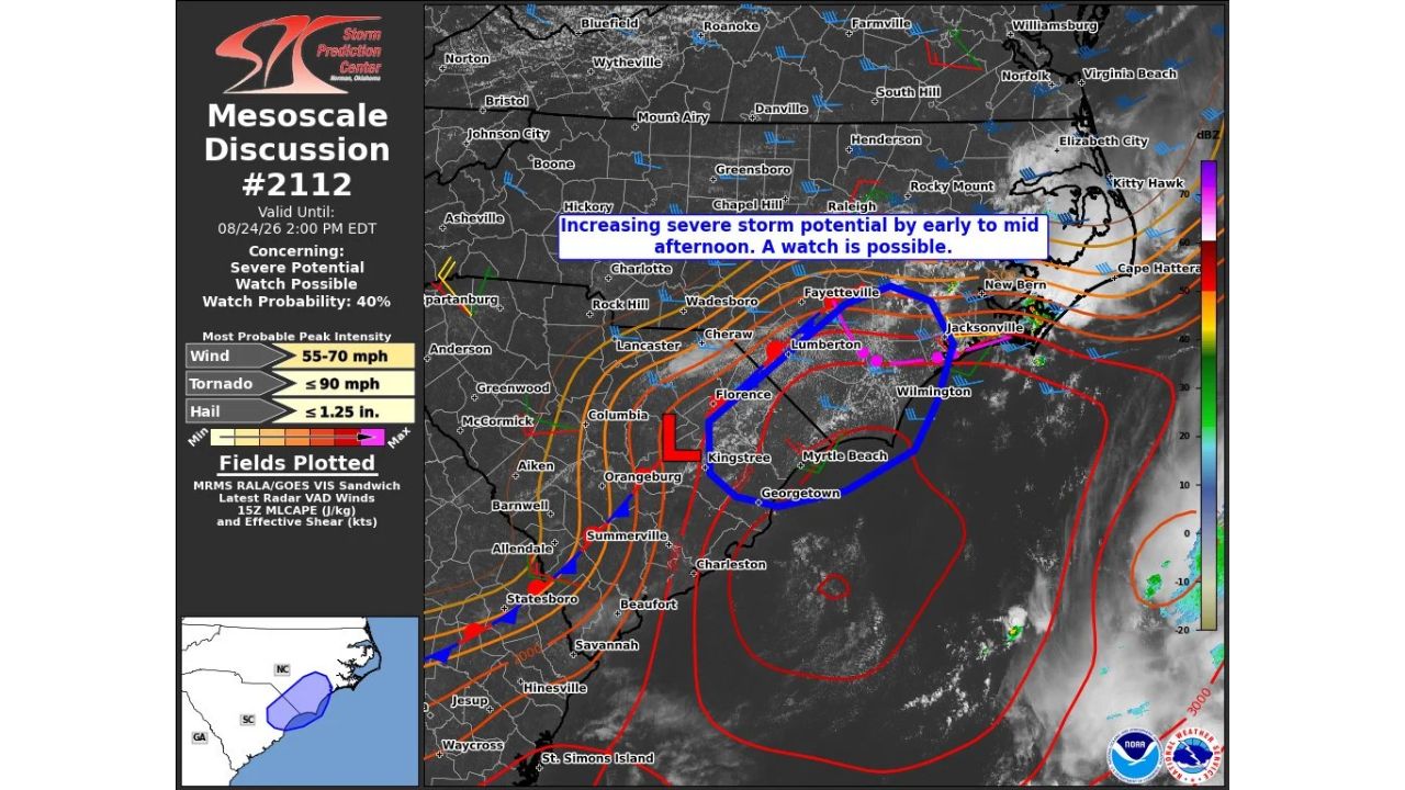 55 to 70 MPH Wind Gusts Possible as Severe Storm Watch Eyed for Fayetteville, Wilmington, Myrtle Beach This Afternoon