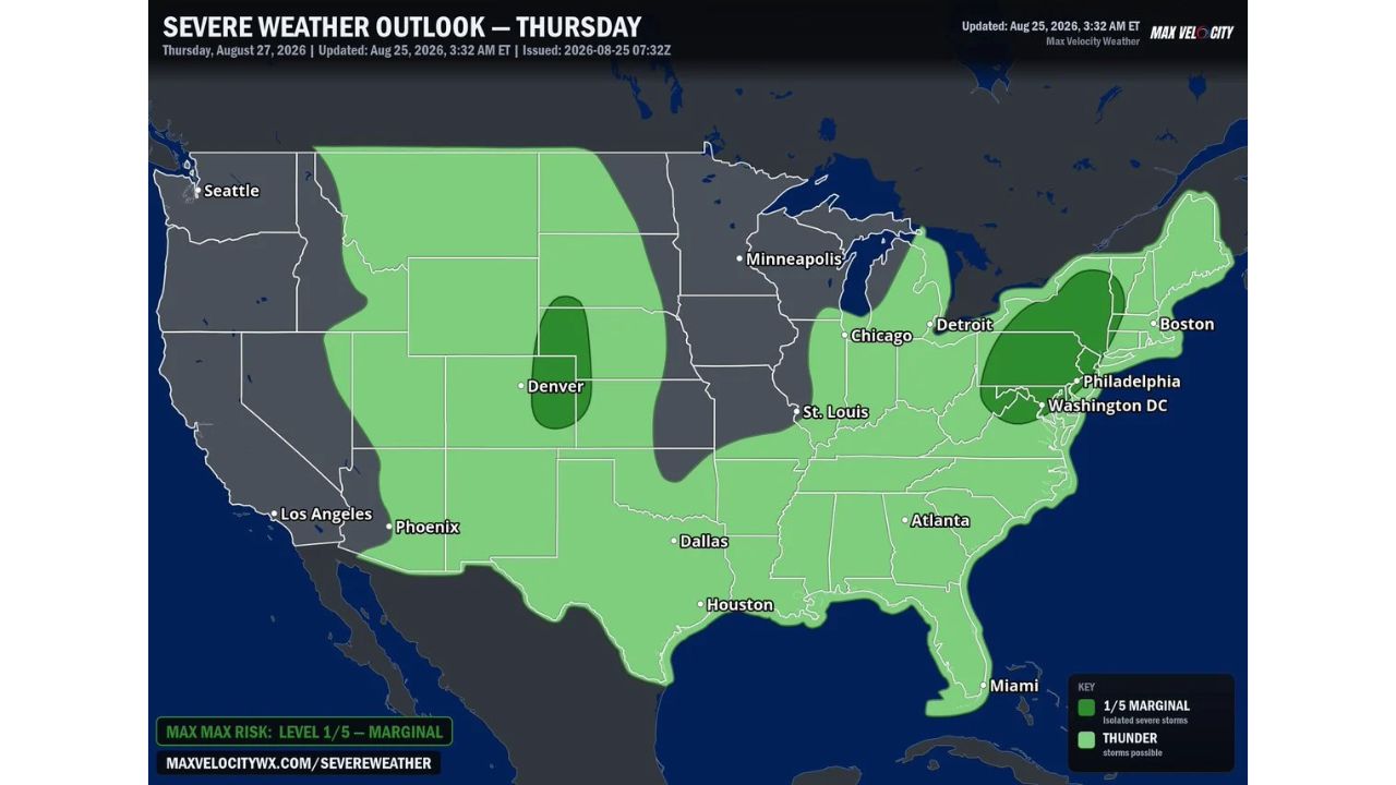 75 MPH Wind Gusts and 2 Inch Hail Threaten Central Plains Thursday as Isolated Storms Also Target Pennsylvania to New York