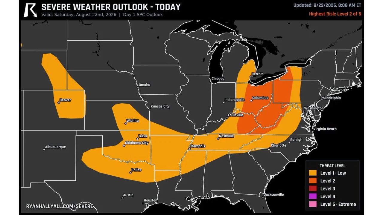 Akron, Columbus and Cleveland Face Level 2 Damaging Wind Threat Today as 16.8 Million People Sit in Path of Afternoon Storm Clusters