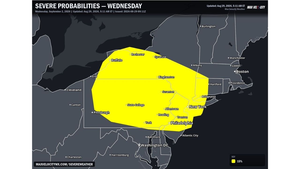 Damaging Wind, Hail and Tornado Threat Sweeps From Buffalo to Philadelphia and Boston Wednesday as 15% Severe Risk Zone Expands Across New York and New England