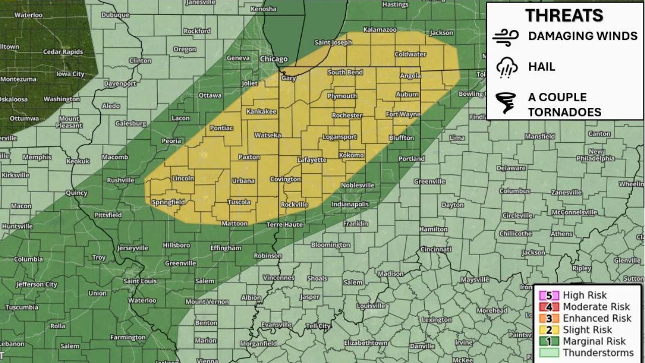 Damaging Winds, Large Hail and a Couple Tornadoes Threaten Illinois to Michigan Wednesday as Slight Risk Targets Chicago, South Bend, Fort Wayne