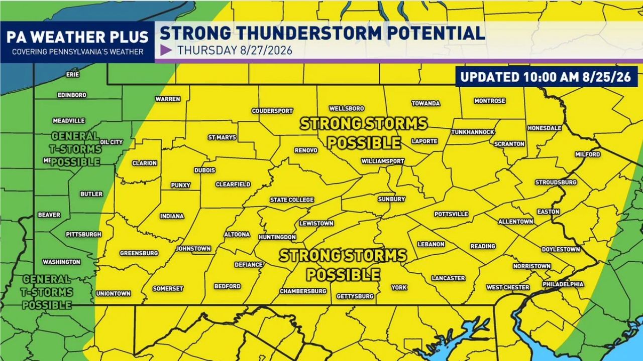 Damaging Winds and Isolated Tornado Risk Target Central and Eastern Pennsylvania Thursday as Cold Front Fuels Strong Storm Threat