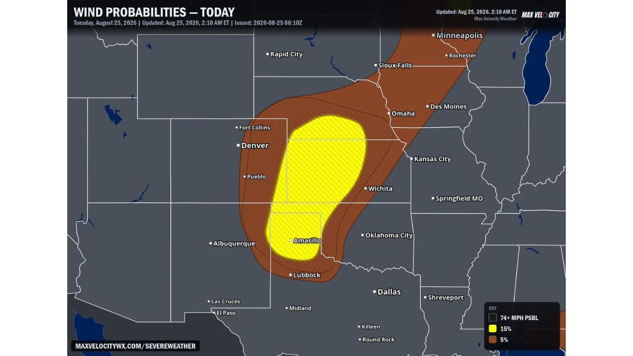 Destructive Winds Exceeding 74 MPH Threaten Corridor From Amarillo to Sioux Falls Today as Hurricane Force Gusts Possible