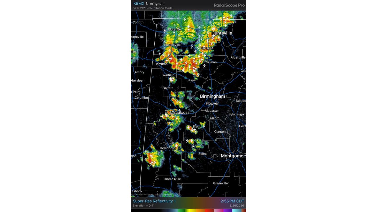 Heavy Rain and Frequent Lightning Push Slowly Across North and West Alabama Toward Birmingham