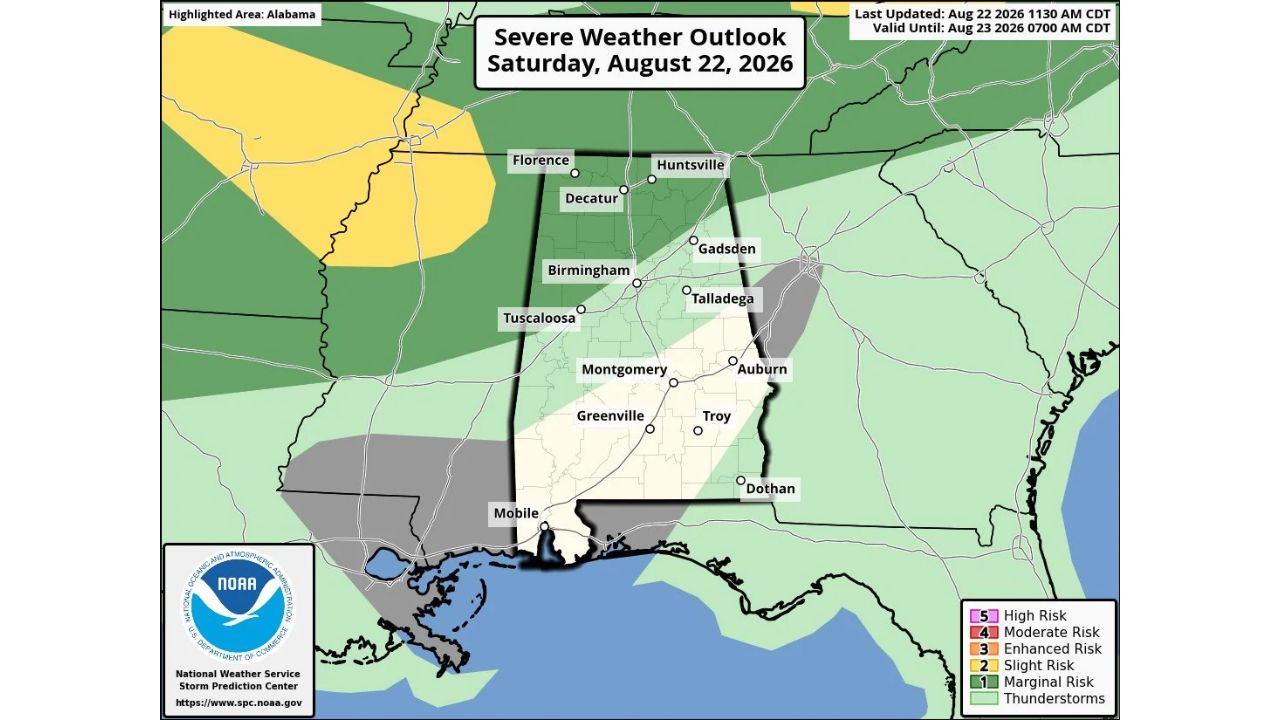 Huntsville and Florence, Alabama Faced Marginal Storm Risk Saturday Night as Arkansas Storms Eyed Northwest Alabama