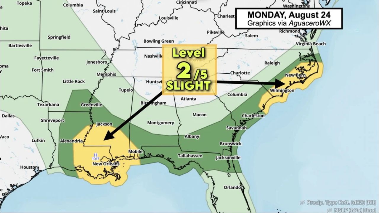 Isolated Damaging Gusts Threaten Gulf Coast to Coastal Carolinas Monday as Level 2 Slight Risk Targets New Orleans, Jackson, Wilmington