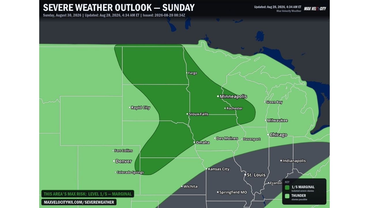 Isolated Wind and Hail Threat Stretches 700 Miles From Fargo to Denver as Storms Eye Sunday Breakthrough