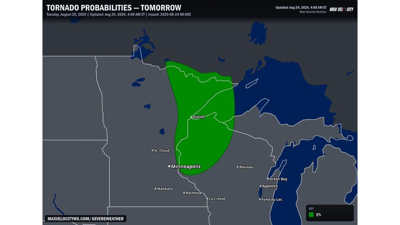 Low End Tornado Threat Emerges for Tuesday Across Northern Minnesota as 2 Percent Probability Zone Targets Duluth, St. Cloud