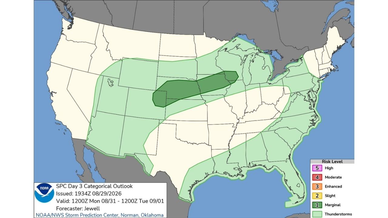 Marginal Risk Stretches From Kansas to Michigan as SPC Flags Monday-Tuesday Severe Setup Across the Corn Belt