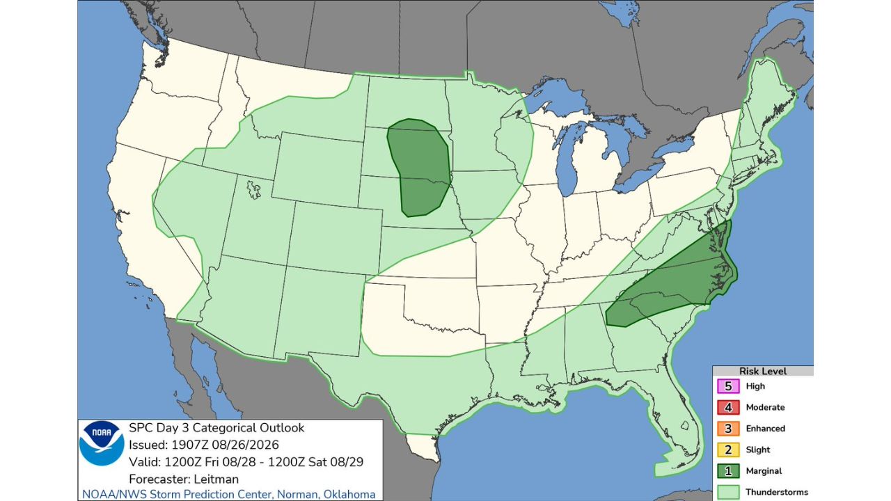 Marginal Severe Storm Risk Targets Northern Plains and Southeast Corridor Friday From North Georgia Into Southeast Virginia