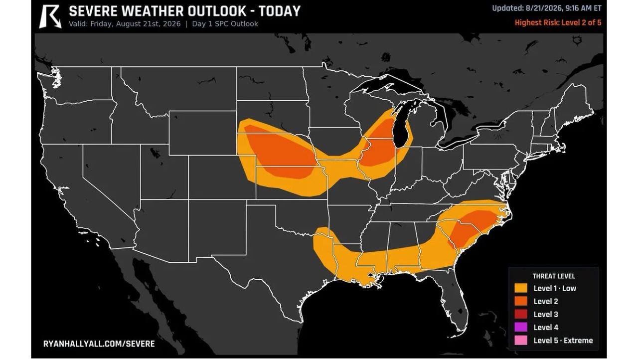 Nebraska, Chicago and the Carolinas Face Level 2 Severe Threat Today as 24 Million Brace for Storms That Could Bow Out Into Wind or Fire Up Into 2-Inch Hail