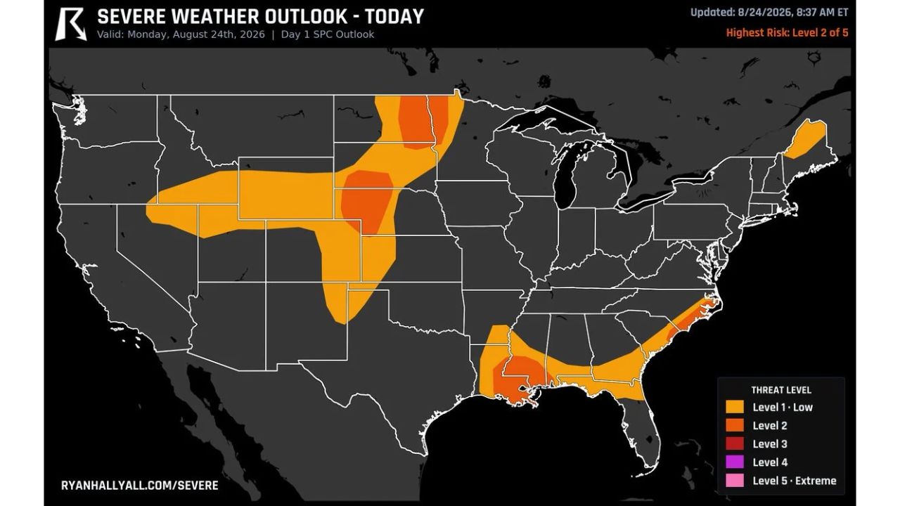 Nebraska, North Dakota, and Louisiana as Fargo, Baton Rouge Face Level 2 Severe Risk Monday as Damaging Winds and Large Hail Threaten 6.9 Million People From Nebraska to Louisiana