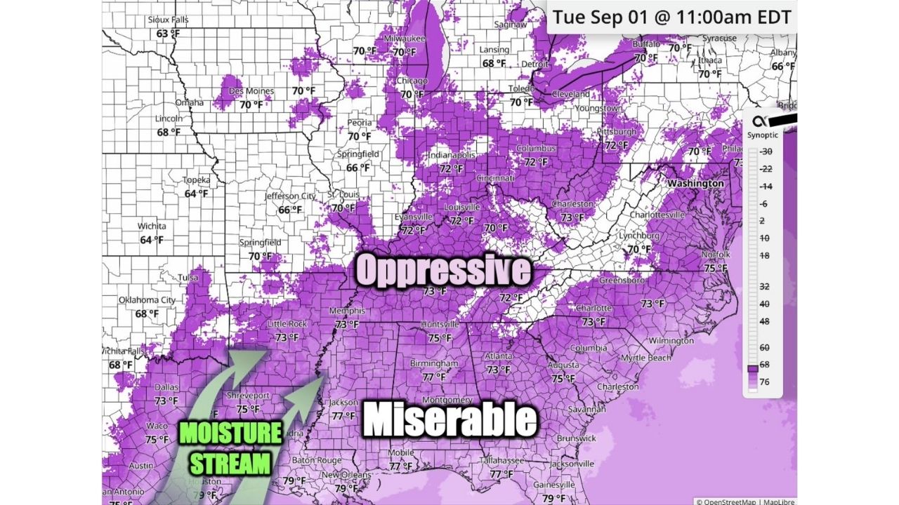Oppressive 79 Degree Dew Points Set to Blanket Eastern US as Miserable Moisture Surge Targets Millions Next Week