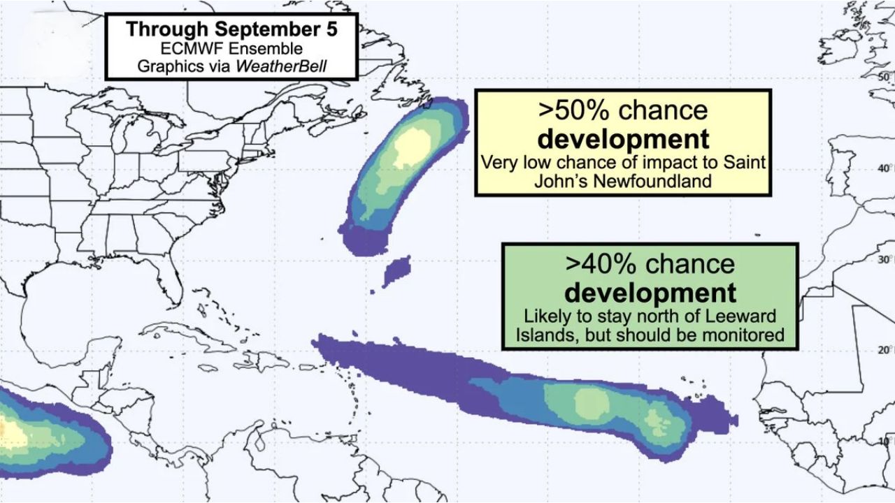 Two Tropical Systems Show Over 50 Percent Development Chances by September 5 as Forecasters Track Atlantic Disturbances Near Bermuda and Cabo Verde