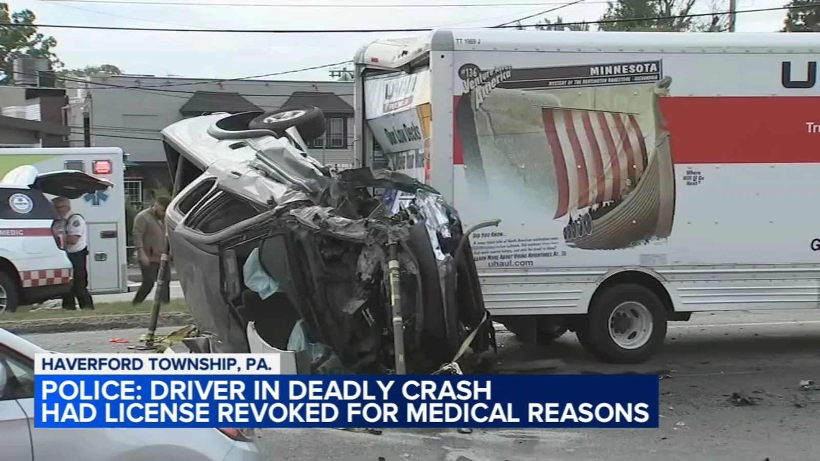 Damaged vehicles lined up after a multi-car crash on West Chester Pike in Pennsylvania